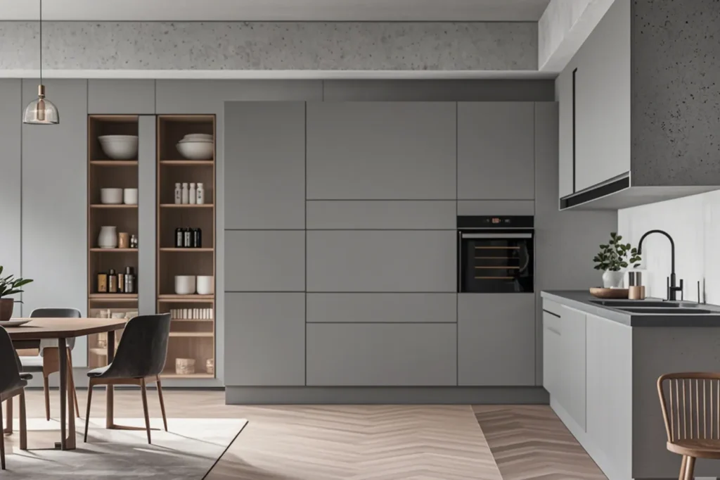 Gray kitchen cabinets and dining room without island