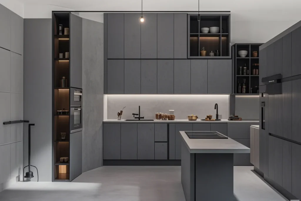 Large kitchen cabinets in concrete style