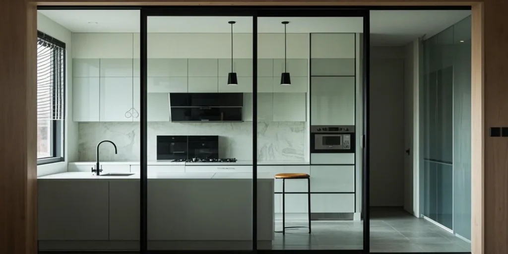 Outline the open kitchen with glass doors