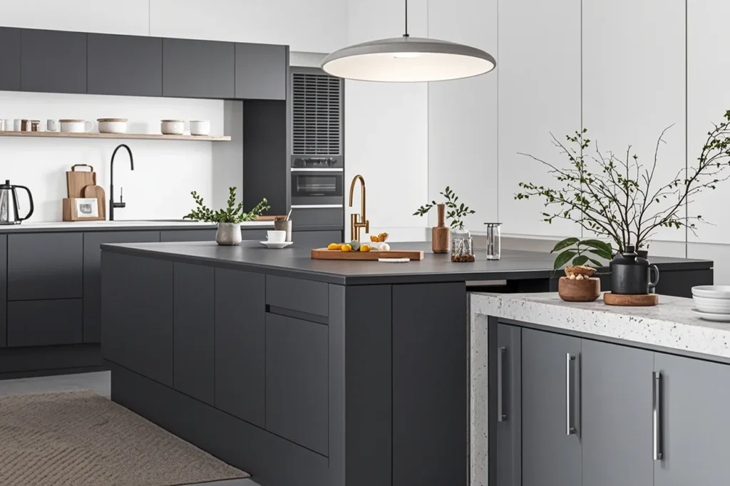 Concrete style kitchen cabinets with island counter