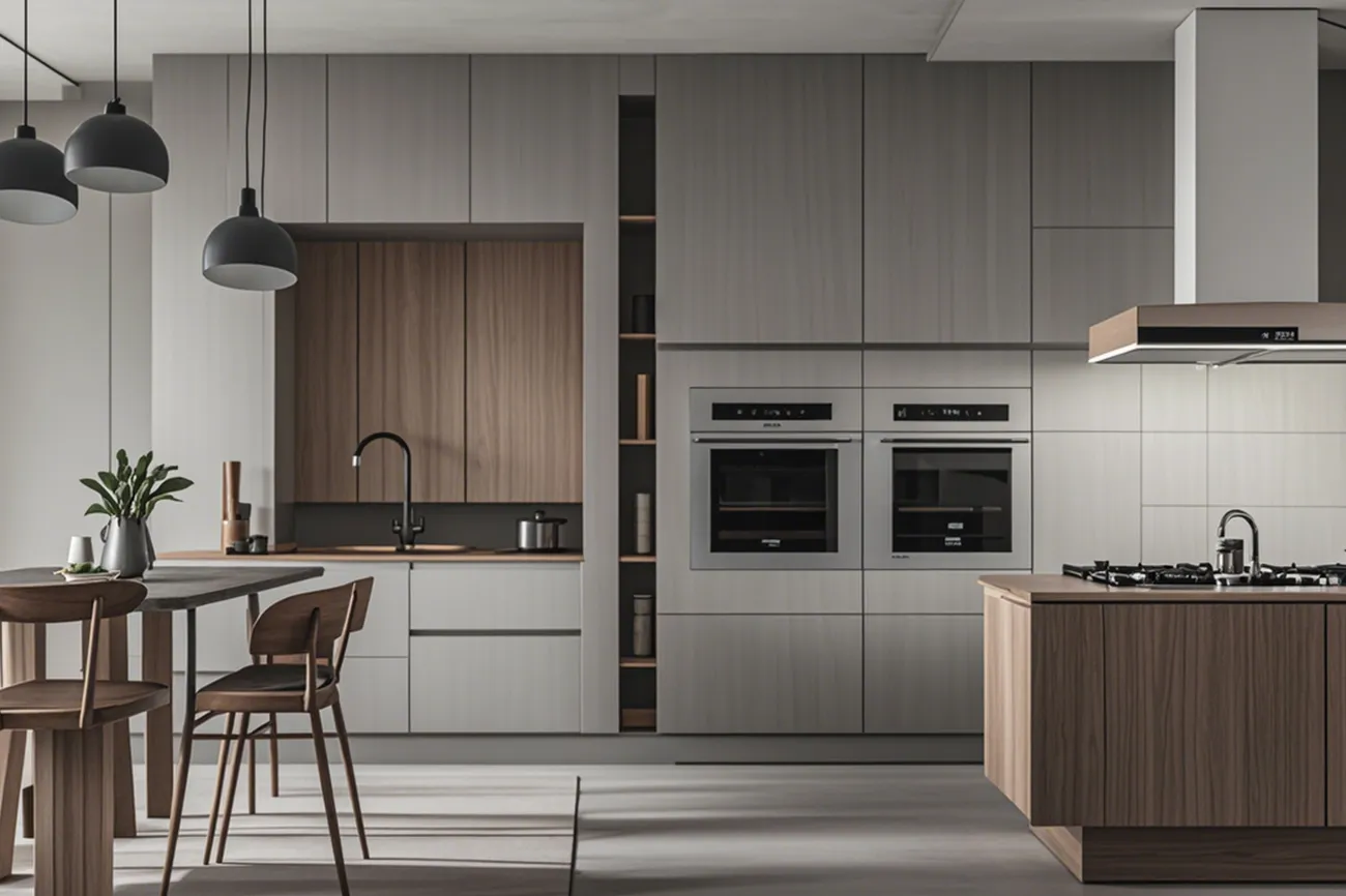 Large kitchen cabinets in concrete wood grain style with island