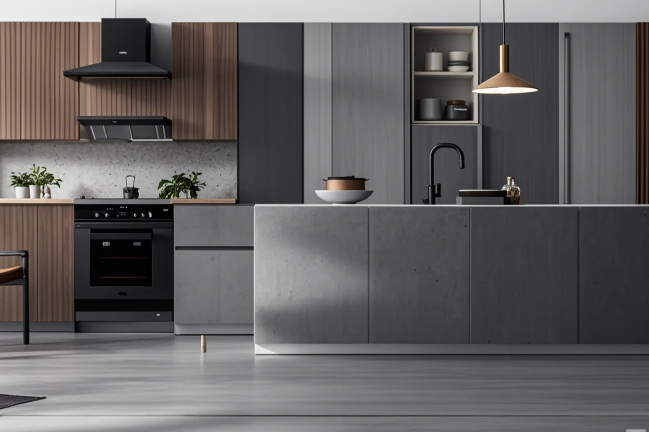 Microcement kitchen cabinets without island