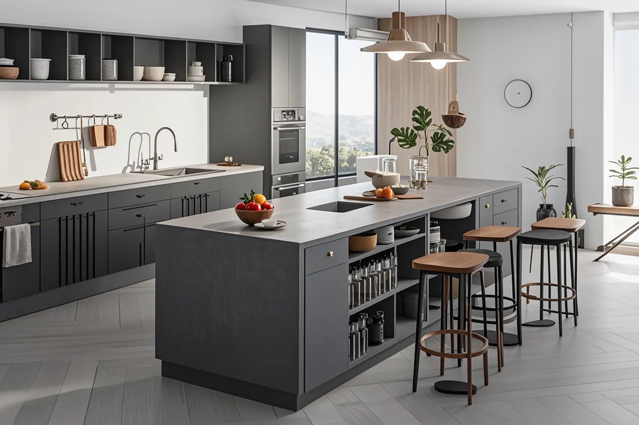 Microcement wood grain kitchen cabinets with island countertop